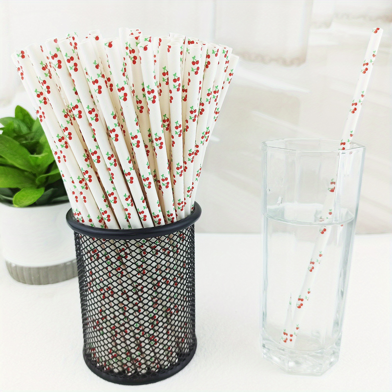 25pcs Fruit Pattern Disposable Straws Biodegradable Paper Drinking Straws