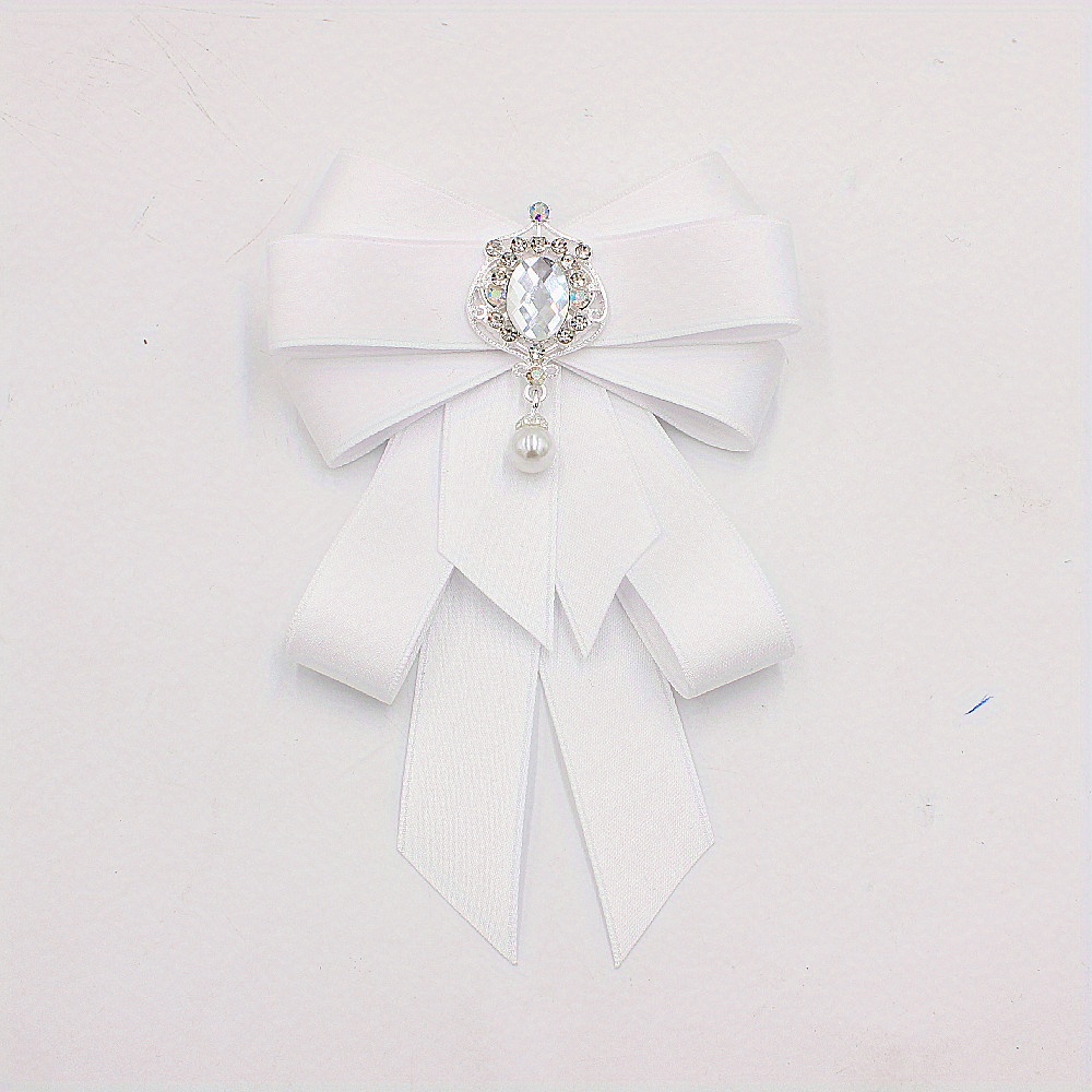 Crystal Pearl Dangle Bow Brooch Pre Tied Neck Tie Brooch Pin Clip Ribbon  Bow Tie for Women Collar Jewelry