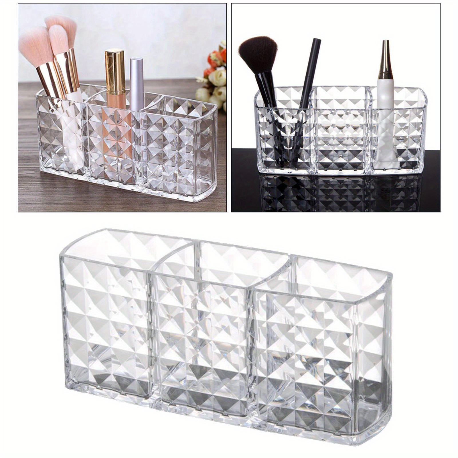 CQ Acrylic 3 Slot Acrylic Makeup Brush Holder and Face Brushes Organizer ,5.3x5.3x4.7inch,pack of 1