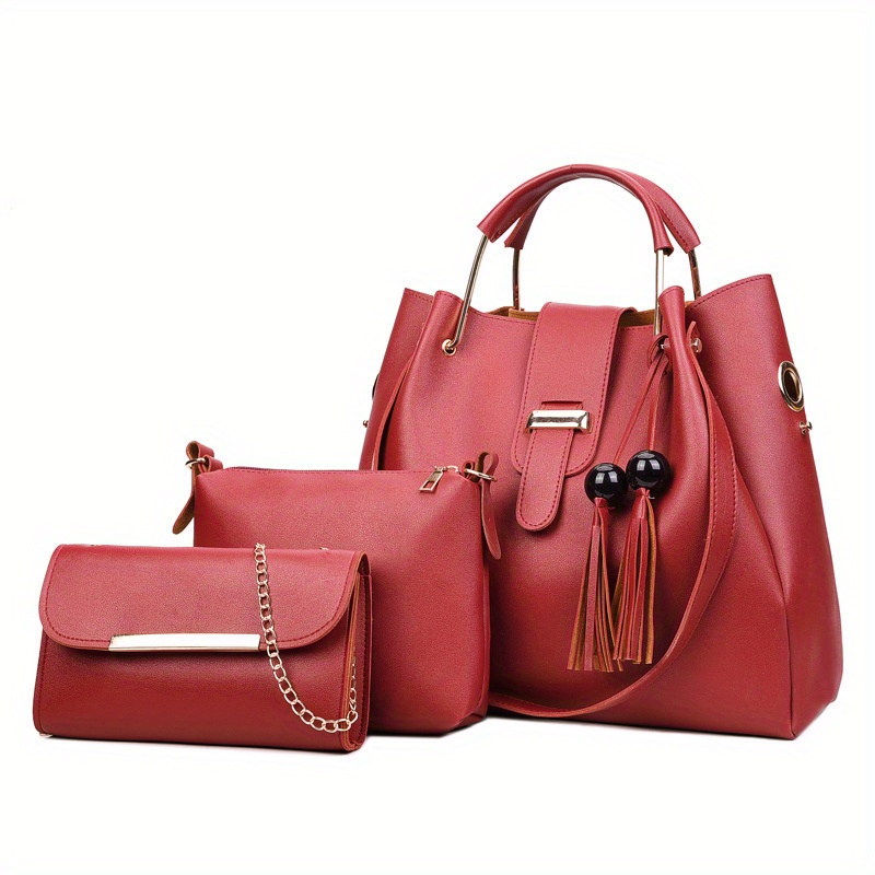 Tassel Decor Casual Bag Sets Solid Detachable Strap Three Pieces Bag Sets