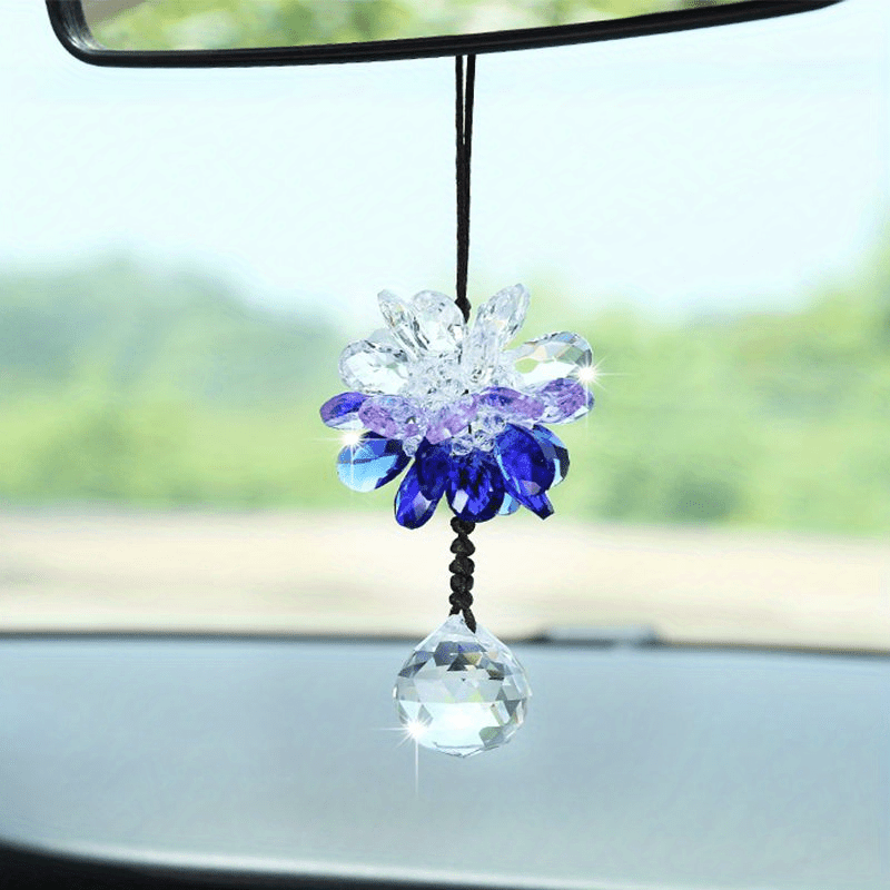 Crystal Flower Car Rear View Mirror Pendant Car Hanging Ornament Lucky Car  Accessories (blue)