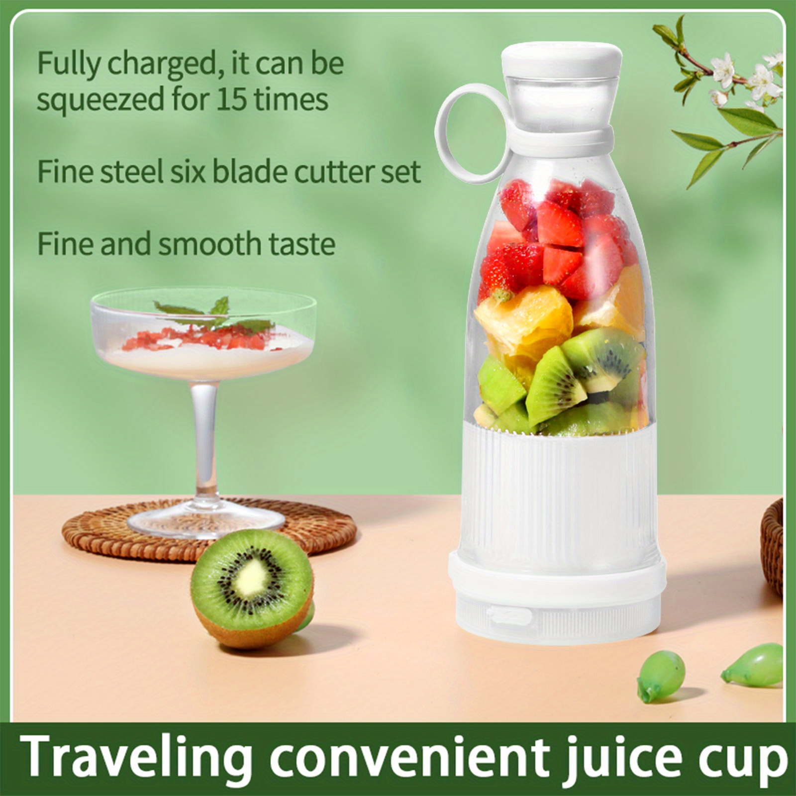 1pc Green Portable Cordless Blender With Six Blades, Usb