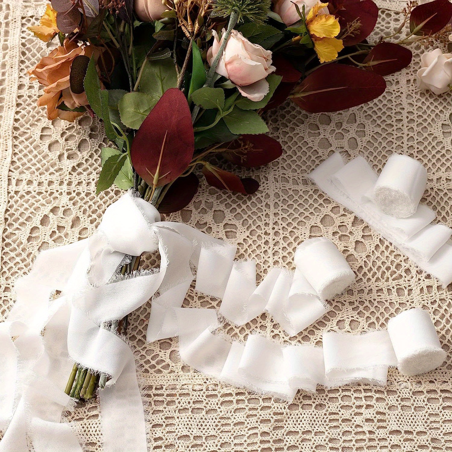 LEEQE White Chiffon Silk Ribbon Handmade Fringe 3 Rolls 1.5 inch x 7 Yards  Set Ribbons for Wedding Invitations，Bridal Bouquets，DIY Crafts，Gifts