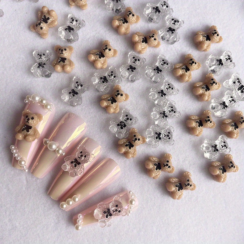 Cute 3d Clear Brown Bear Nail Charms With Black Bow Design - Temu