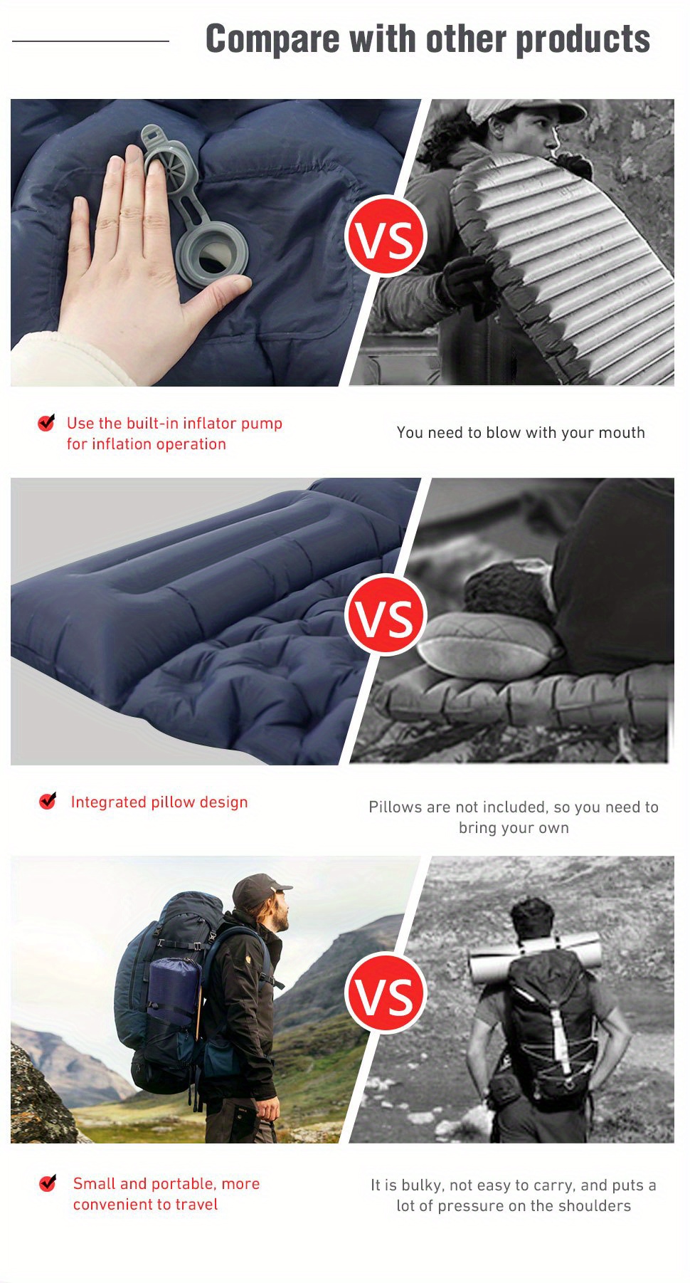 Colchón hinchable Colchoneta ligera para acampar con almohada de aire  Colchón de aire portátil Imper CACAGOO Colchón hinchable