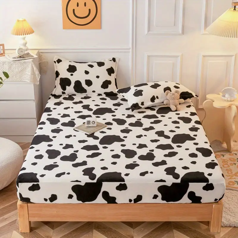 3pcs fitted sheet set cow print bedding set for bedroom guest room hotel 1 fitted sheet 2 pillowcases without core details 0