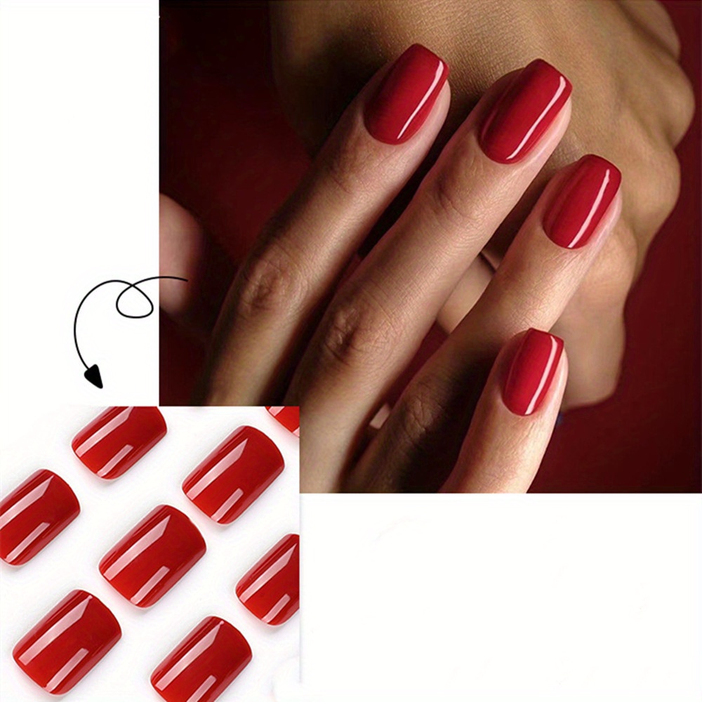 24pcs bright red press on nails short square fake nails glossy full cover pure color false nails for women girls details 1