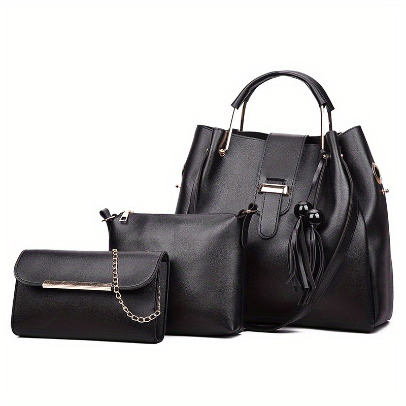 Tassel Decor Casual Bag Sets Solid Detachable Strap Three Pieces Bag Sets