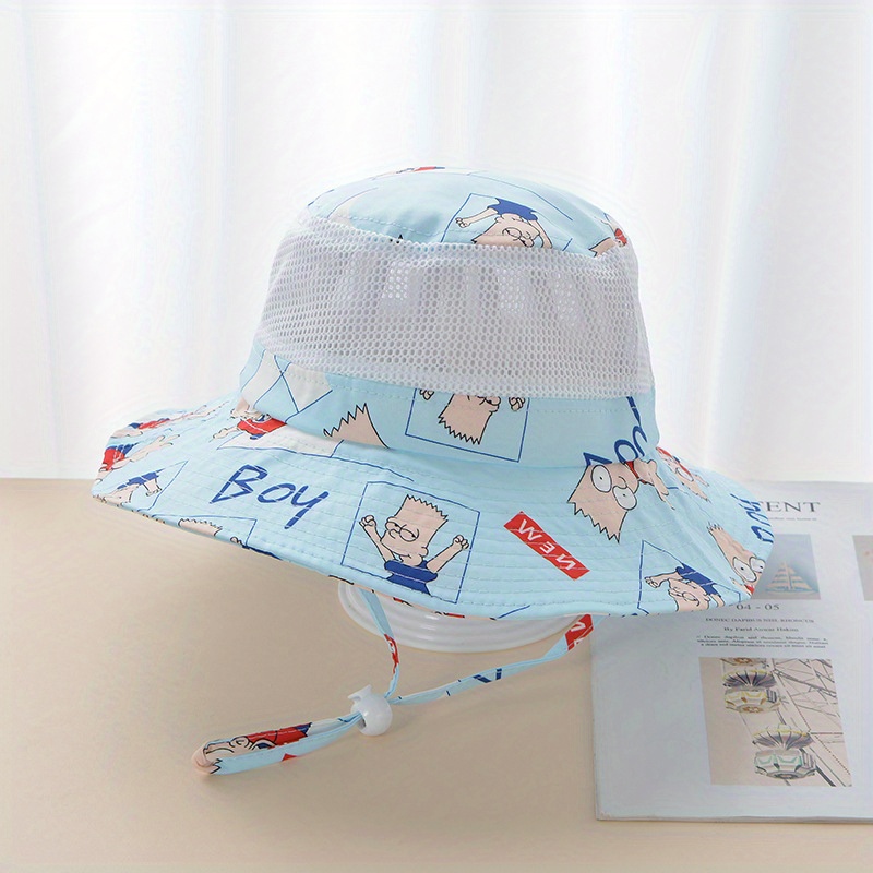 Boys and Girls Cute Cartoon Pattern Fisherman's Hat, Breathable Drawstrings Wide Brim Sun Protection Bucket Hat for Outdoor Traveling Beach Party