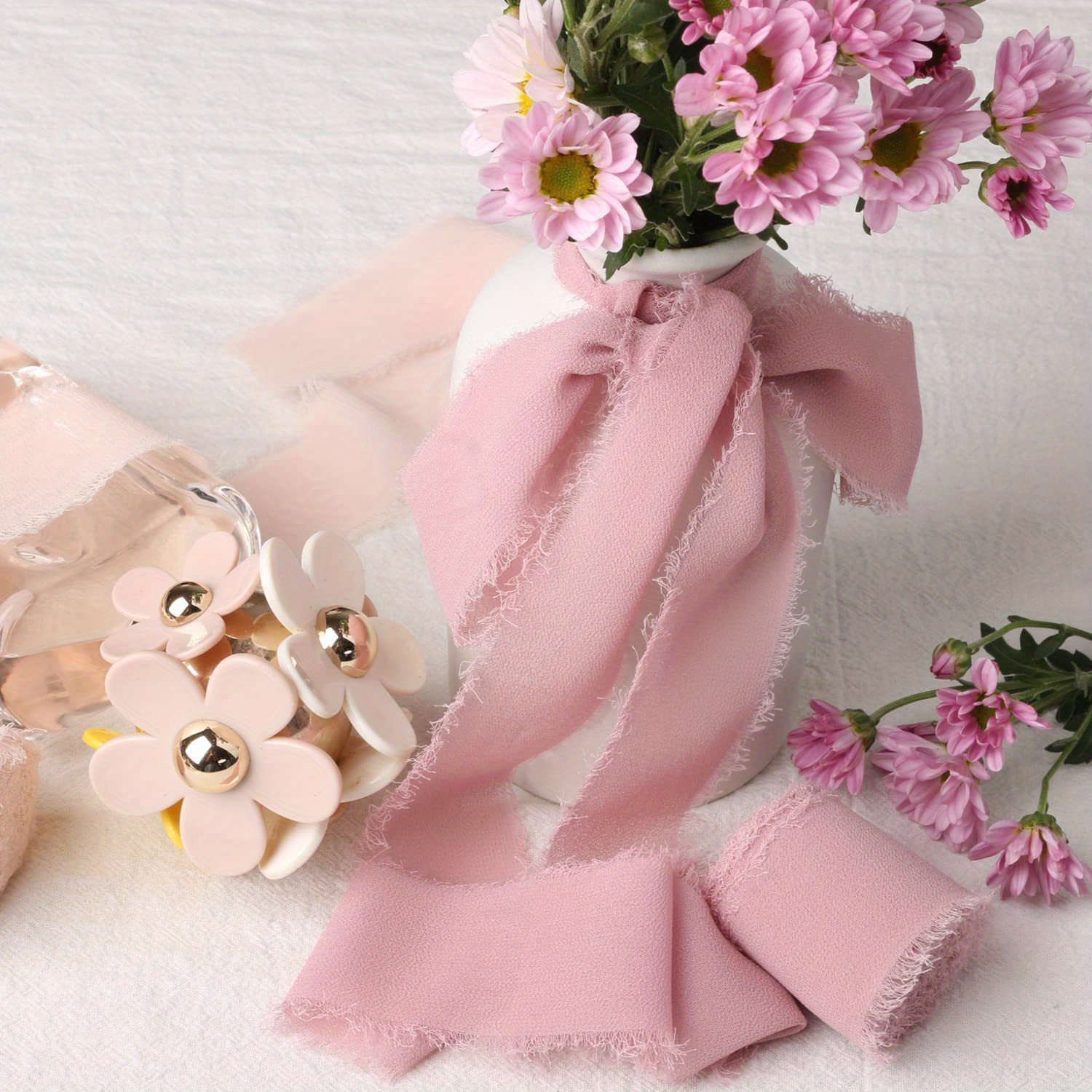 Fringed Pink Flower Ribbon - 3/8