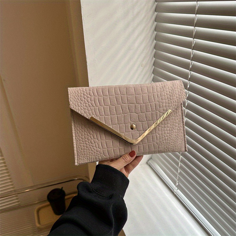 Croco Emossed Felt Envelope Clutch Metal Decor Evening Bag