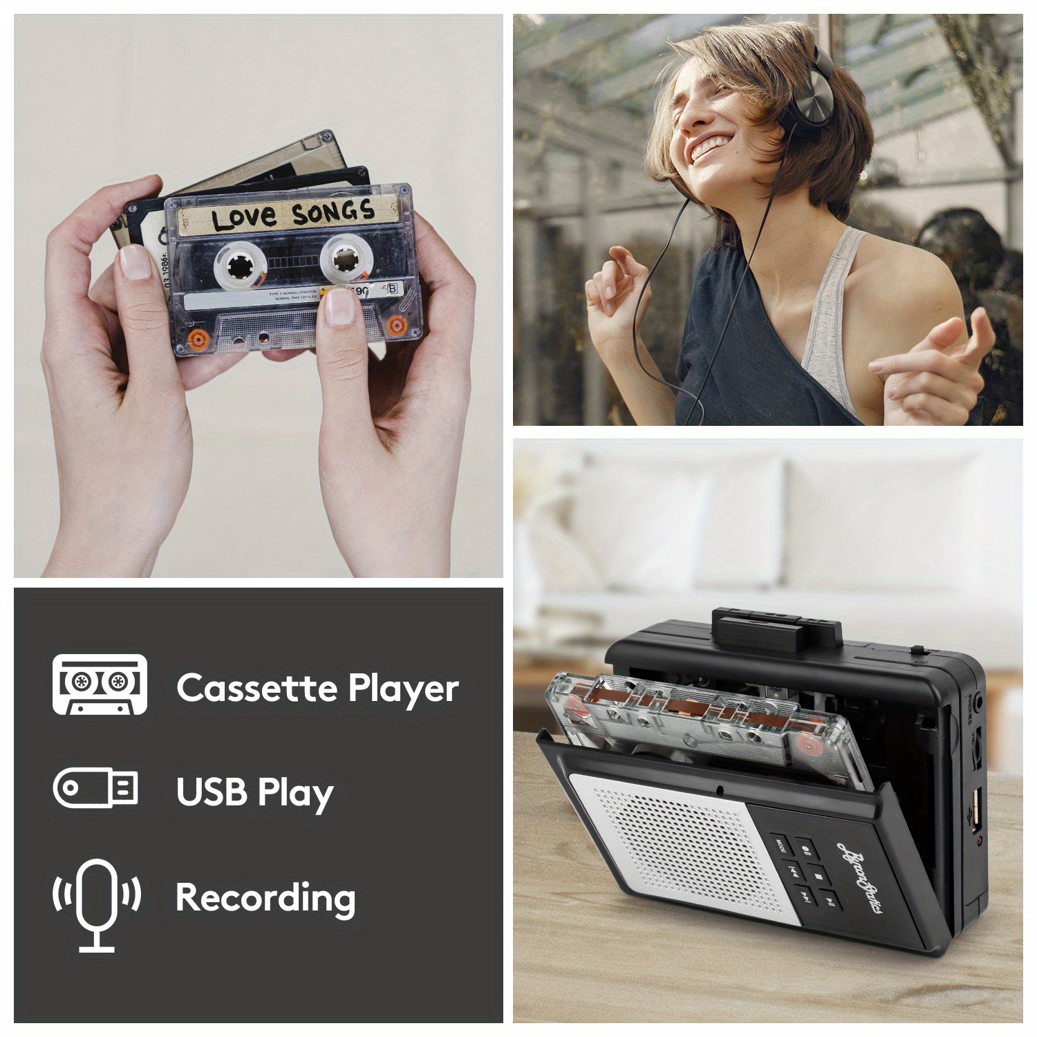 lecteur de musique stéréo lecteur de cassettes, lecteur de cassettes usb  portable, convertisseur de cassette mp3, plug and pl[252]