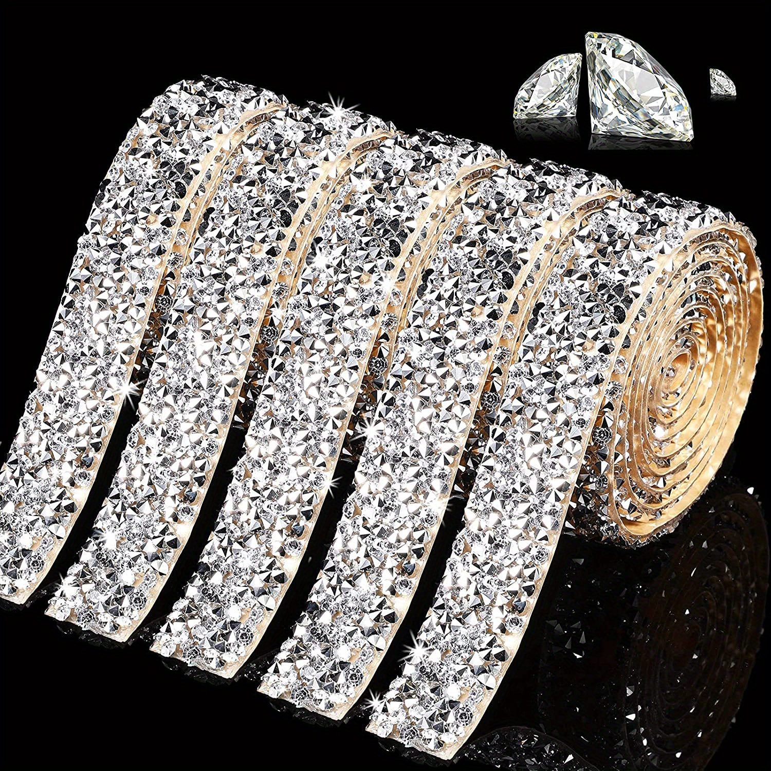 4 Rolls Crystal Rhinestone Diamond Ribbon Strips, Self Adhesive Bling Wrap Rolls Rhinestones Tapes for Shoes Clothes, Cakes, Phone, Wedding Decor DIY