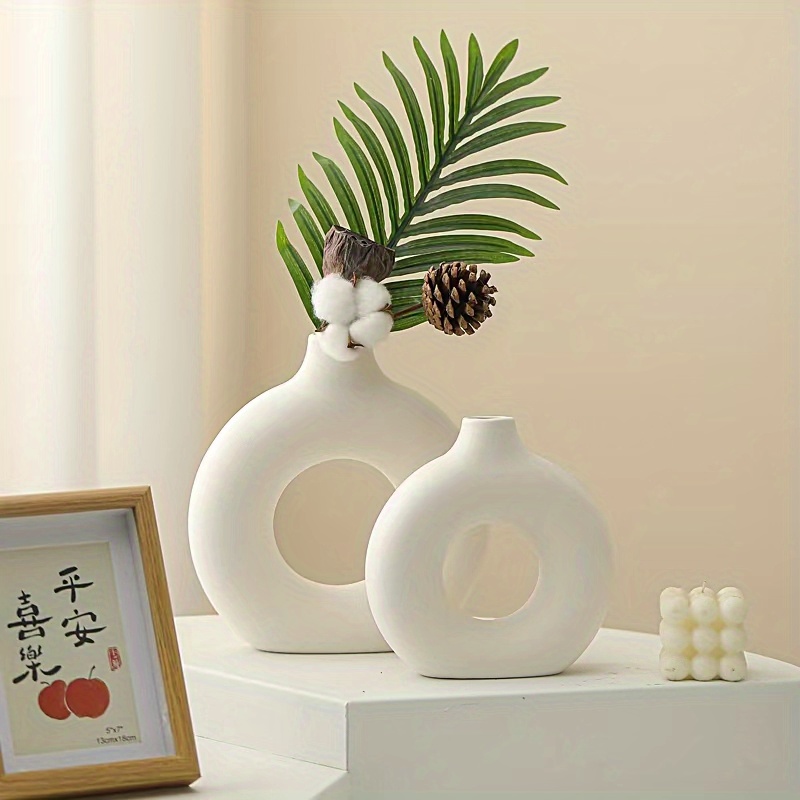 IUIBMI Vaso moderno in ceramica bianca set da 2, vaso a ciambella vuoto,  combinato o usato separatamente, vasi decorativi neutri per decorazione