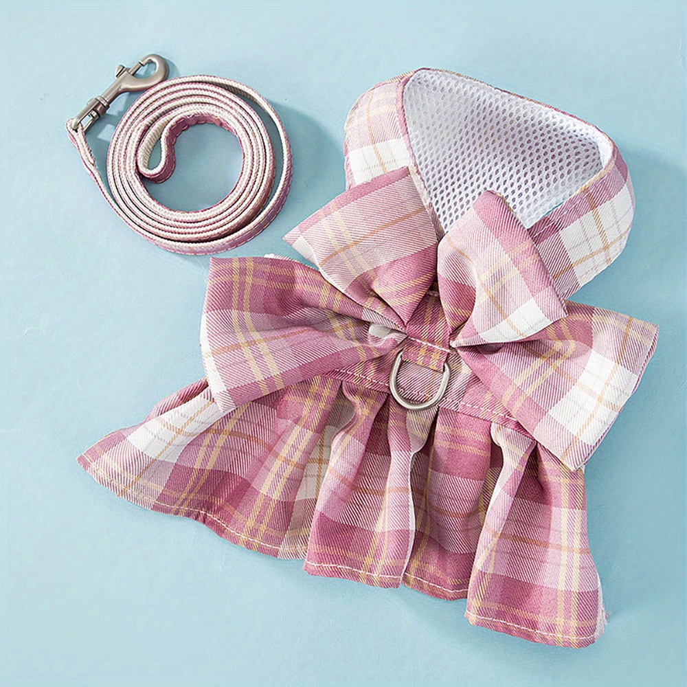 Süßes Hundekleid Mit Fliege & Leinen-Set – Karo-Muster Für Kleine Hunde & Katzen