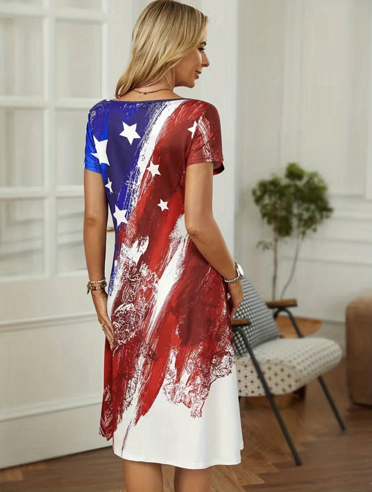 American Flag Print Dress, Casual V Neck Short Sleeve Dress For Spring &  Summer, Women's Clothing - Temu