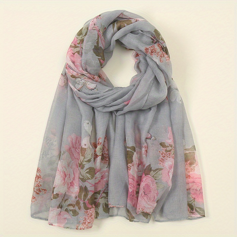 Vintage Flower Print Bali Yarn Scarf Classic Butterfly Plants Pattern Windproof Shawl Casual Sunscreen Head Wrap Travel Beach Towel