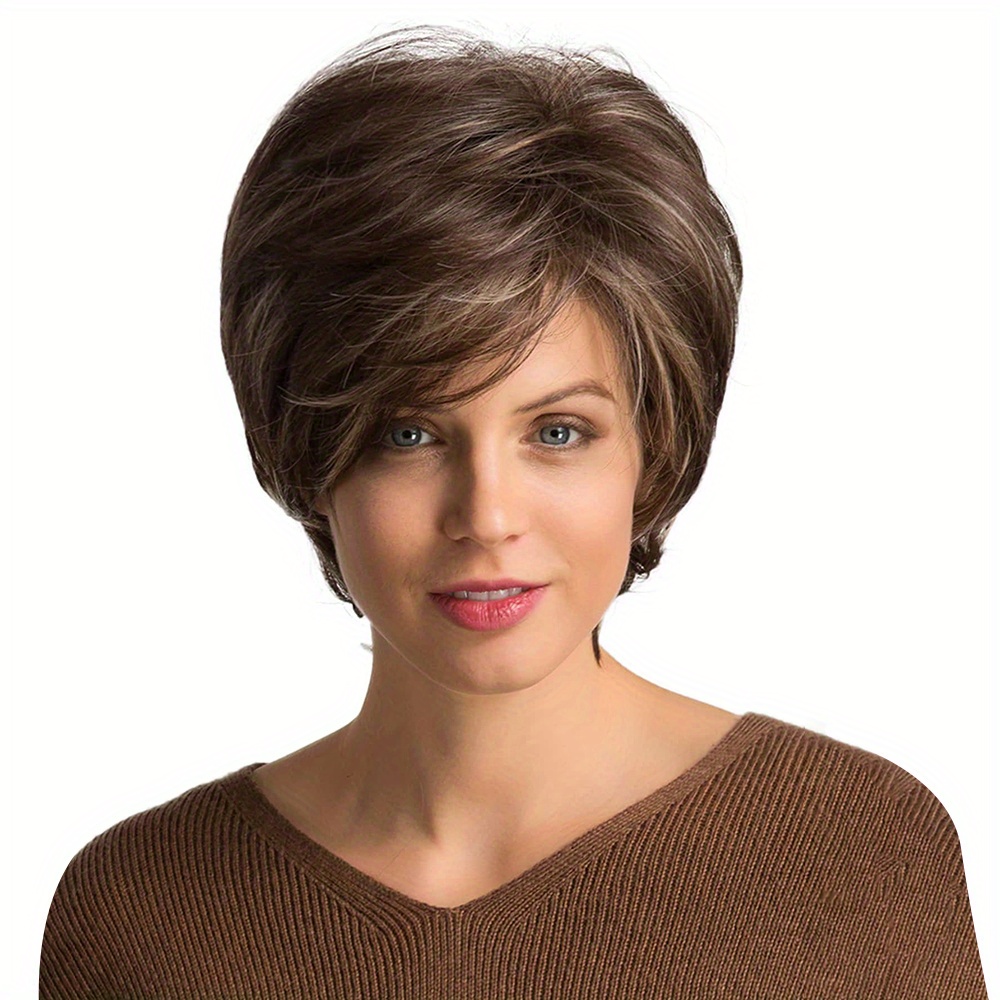 Highlight Brown Short Straight Bob Cut Wig Bangs Synthetic - Temu Norway