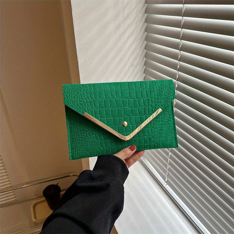 Croco Emossed Felt Envelope Clutch Metal Decor Evening Bag