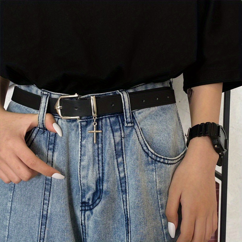 унисекс ремень из искусственной кожи с крестом, булавка-кулон, ремни для джинсов, повседневные черные брюки, пояс для мужчин и женщин, детали 6