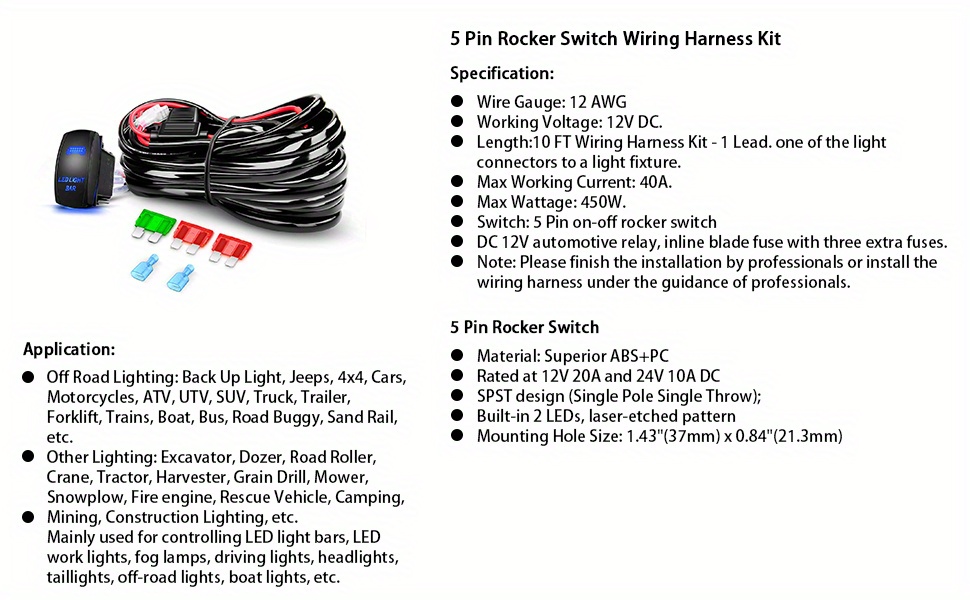 16AWG Wire Harness Kit 12V Heavy Duty 5PIN Rocker Switch Relay Blade F –  Nilight