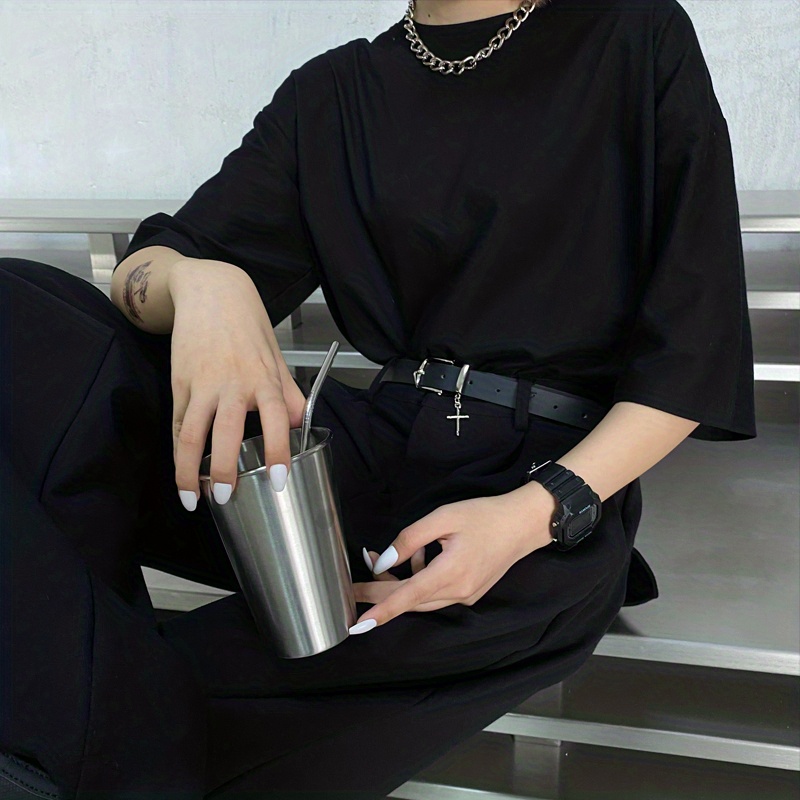 унисекс ремень из искусственной кожи с крестовым кулоном-брошью, ремни для джинсов, повседневные черные брюки, пояс для мужчин и женщин, детали 2