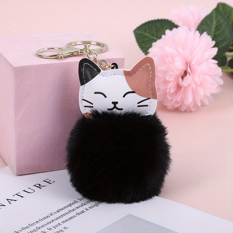 1Pcs Pom Pom Keychains For Women Girls Faux Fur Cat Head Shape