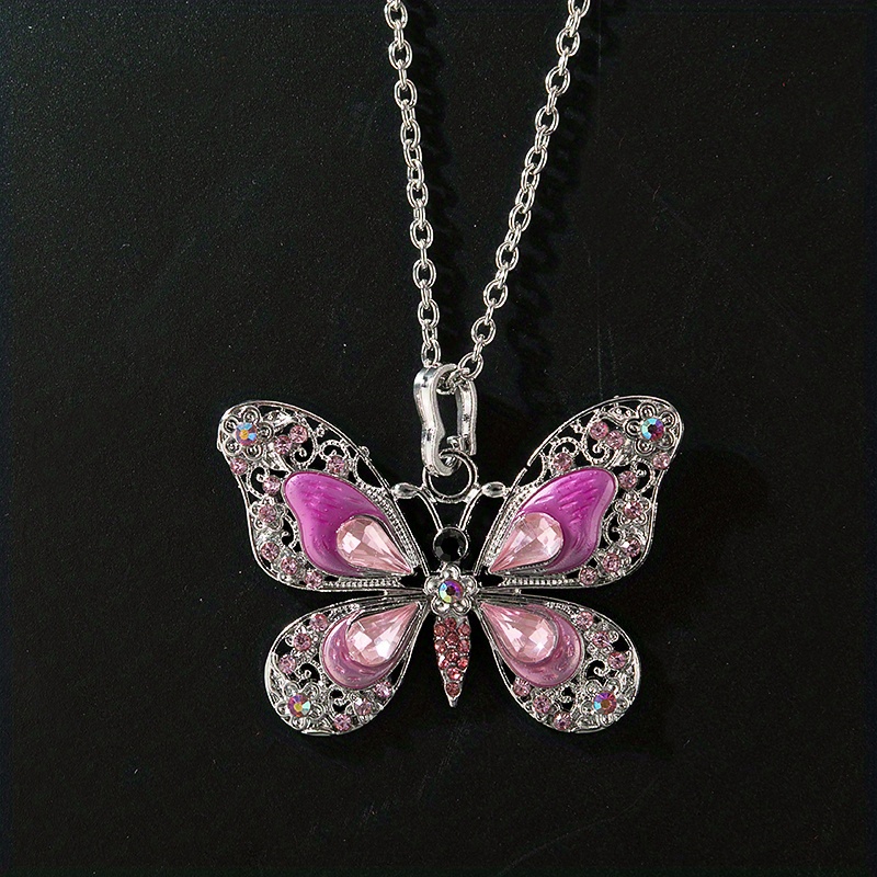 retro multicolor rhinestones butterfly pendant necklace silver plated jewelry details 7