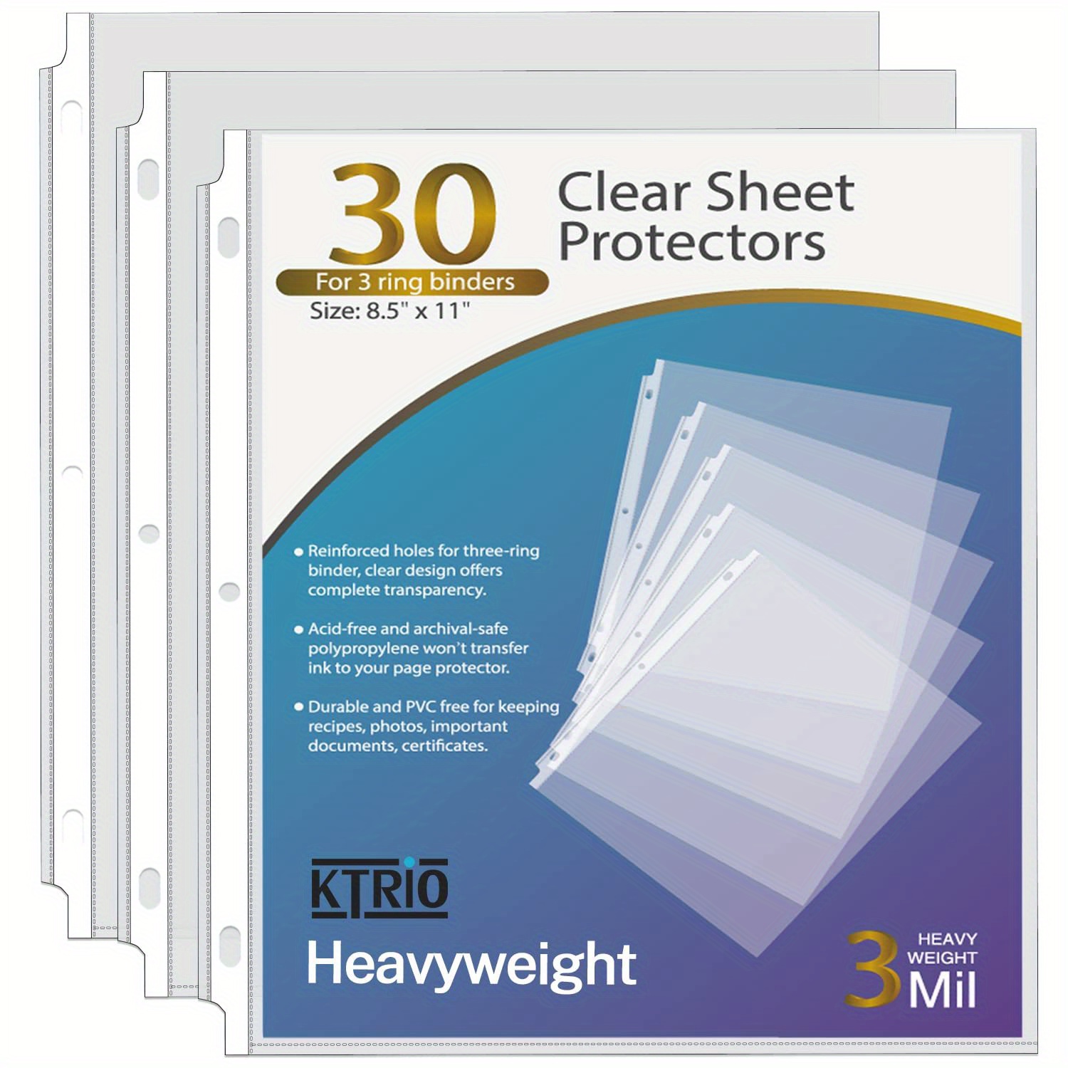 KTRIO Sheet Protectors 8.5 x 11 inch Clear Page Protectors for 3 Ring  Binder, Plastic Sleeves for Binders, Top Loading Paper Protector Letter  Size