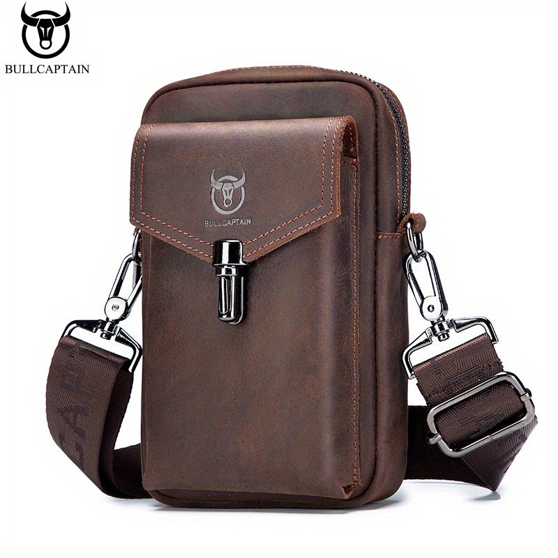 Image of Bullcaptain Vintage Genuine Leather Men's Crossbody Bag - Adjustable Strap, Multiple Compartments, Business Casual Shoulder Bag For Daily & Work, Work Bag, Retro Style, Durable Stitching