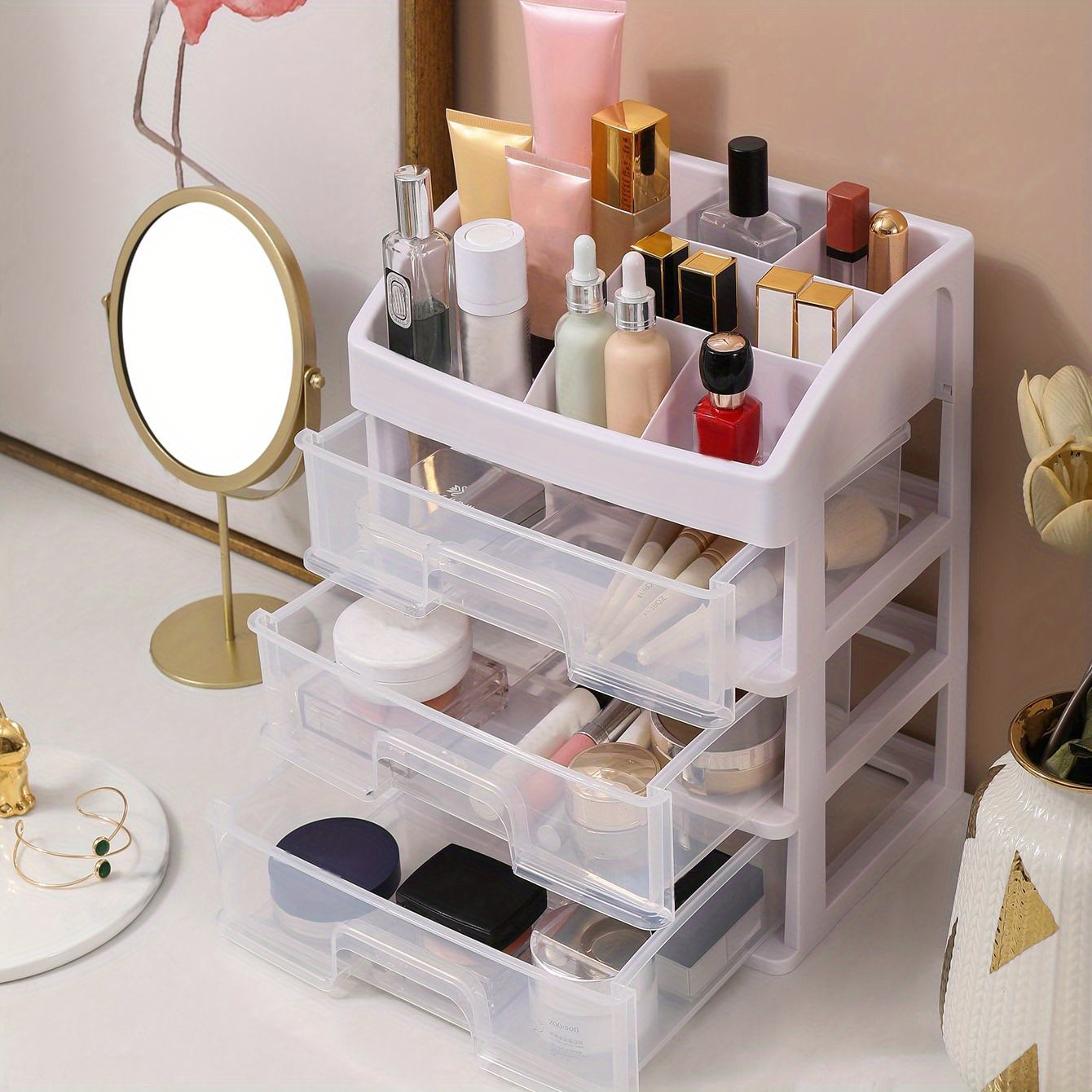 Makeup Organizer Countertop,Large Capacity Cosmetic Skincare Organizers  With 10 Shelf,Make Up Organizers With 3 Drawer For Counter Vanity,Makeup