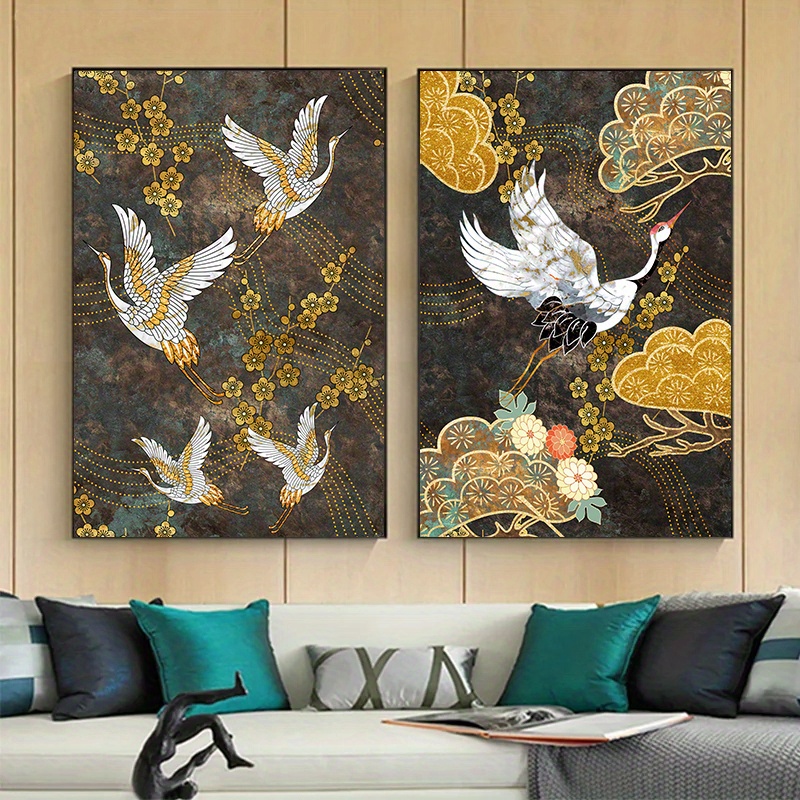 2pcs Frameless Chinese Ancient Style Animal Canvas Painting Crane Abstract Decorative Poster On The Wall Aesthetic Room Decor No Frame
