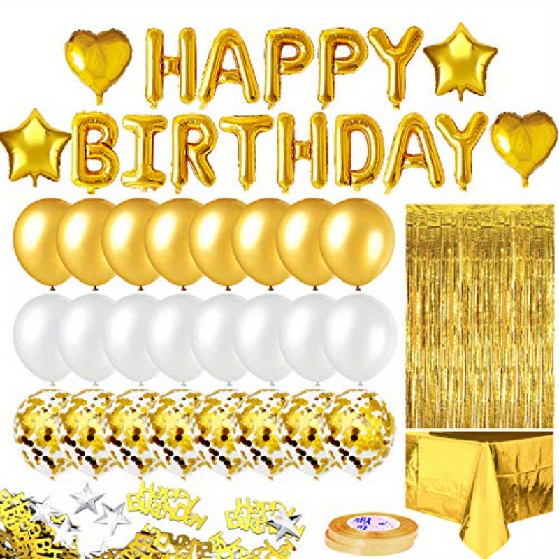Gold Birthday Decorations - Gold Party Decorations Set with Birthday Banner, Gold White Confetti Balloons, Gold Foil Birthday Background, Tassel