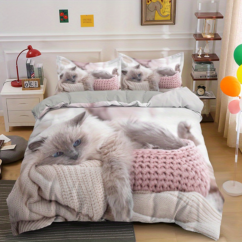 2 3pcs Lovely Pet Cat Print Duvet Cover Set 1 Duvet Cover 1 2