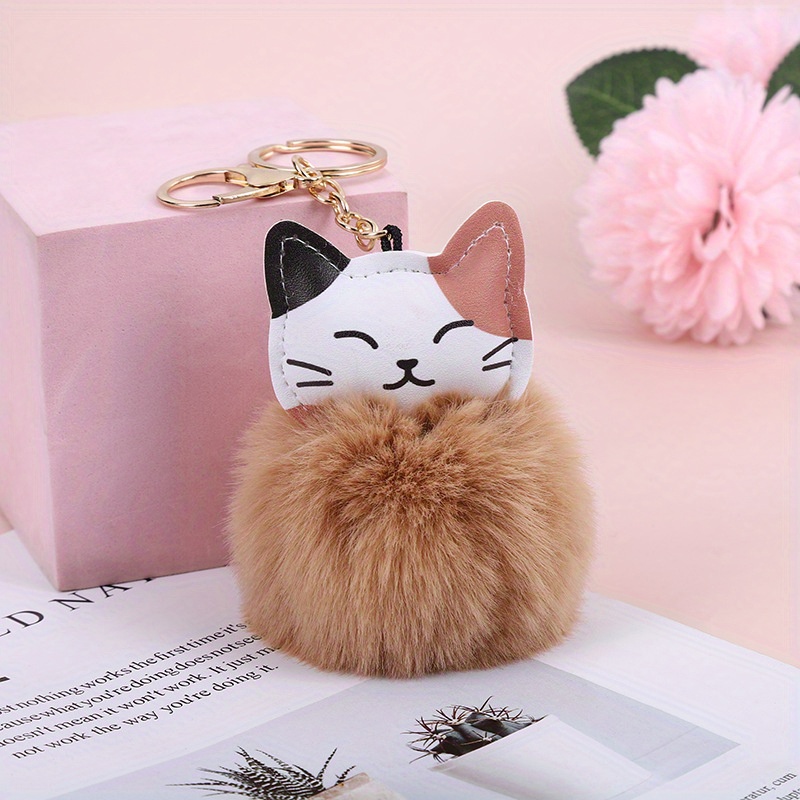 Calico cat bag charm Pom Pom Keychain pink Fluffy cute kawaii Christmas Gift