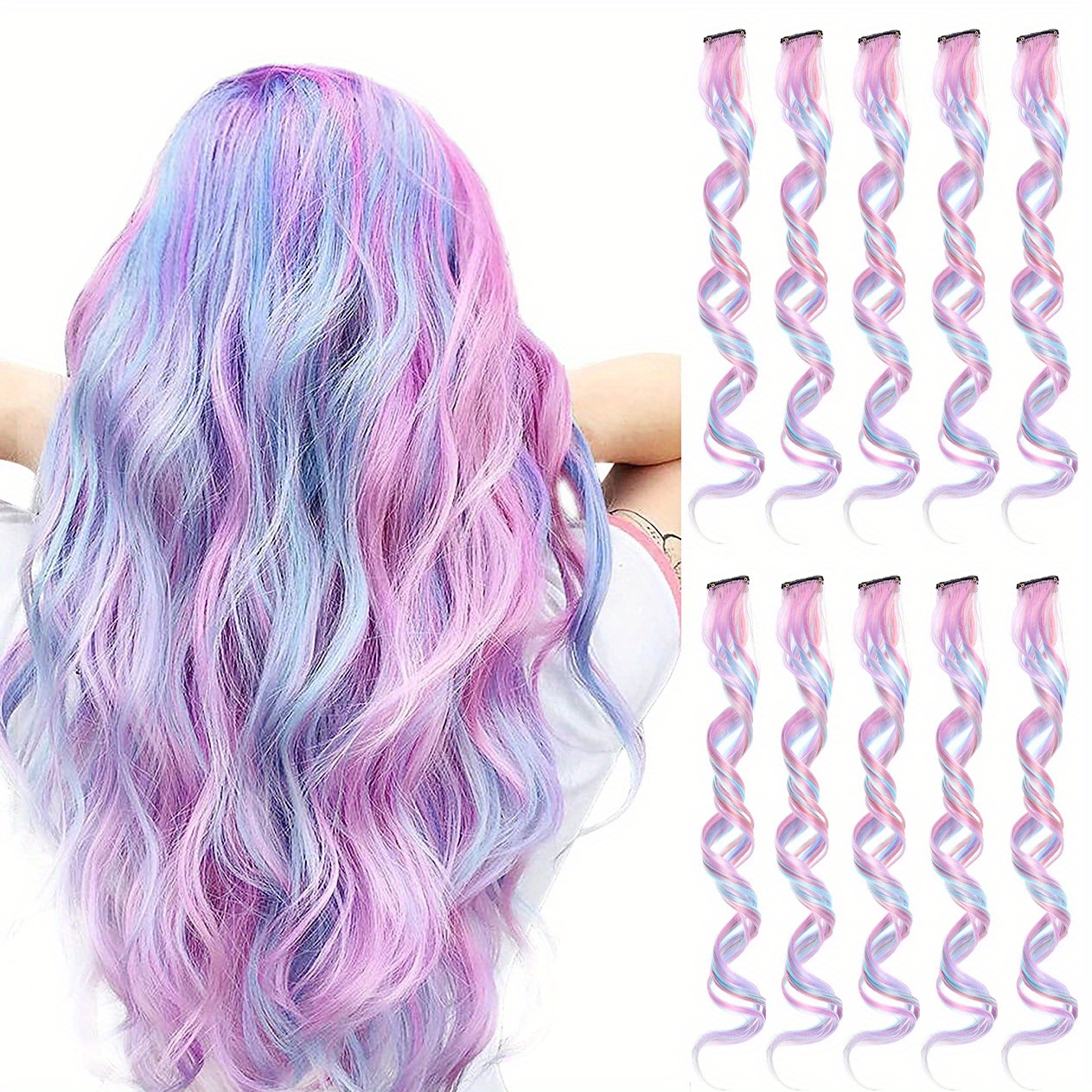 

10 Pcs Unicorn Color Clip-in Hair Extensions For Women - Heat-resistant Curly Hairpieces For Cosplay And Party Highlights - 26 Inches Hair Accessories