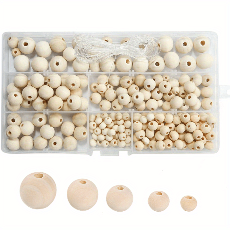 Image of 220pcs Natural Round Loose Wood Beads Multi Size With Thread For Jewelry Making Bracelet Necklace With Storage Box