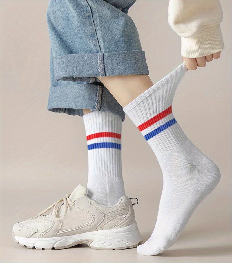 STRIPED TUBE SOCKS, White Tube Socks With Blue and Red Stripes