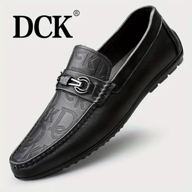 Dck Men's Genuine Leather Letters Print Loafers, Casual Lightweight Slip On Dress  Shoes - Temu