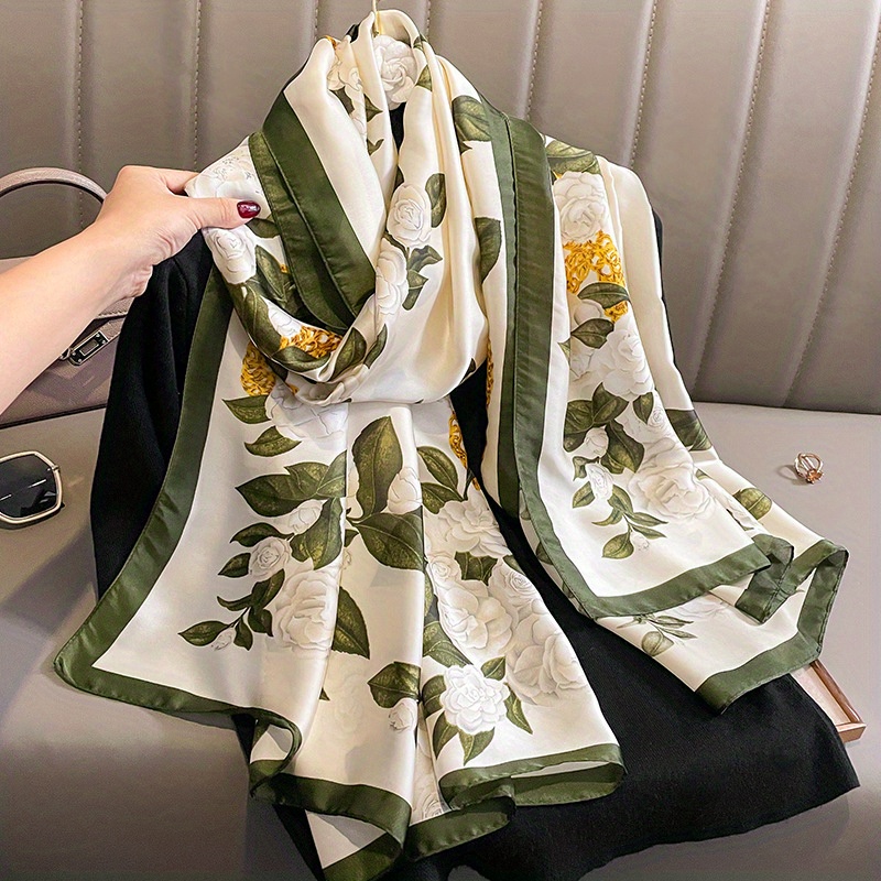 Flower Print Vintage Scarf Classic Beige Green Elegant Satin Shawl  Imitation Silk Scarves Sunscreen Head Wrap Travel Beach Towel