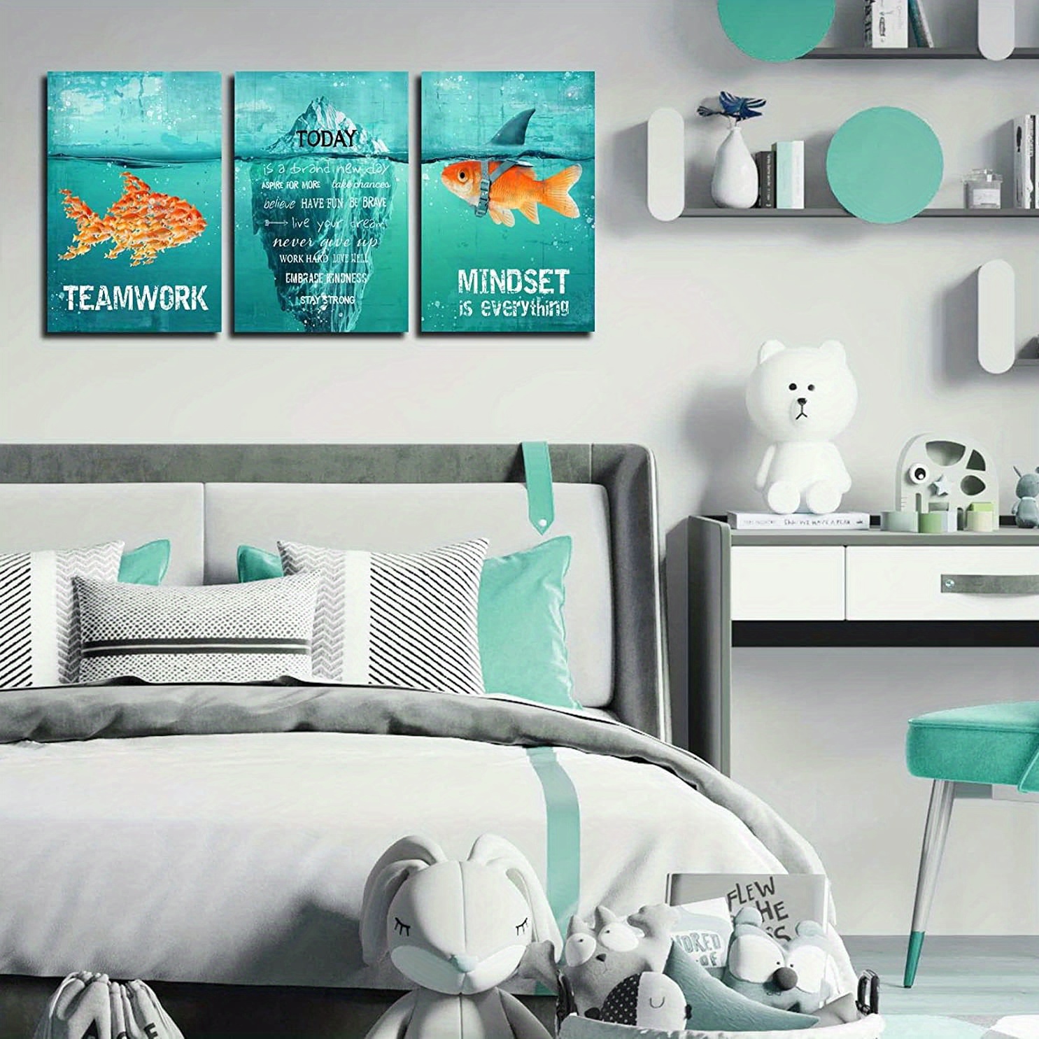 3pcs Fish Inspirational Canvas Wall Art Print for Teen Boys - Motivational  Posters for Room Decor - Teal Color - Unframed - 12 Inch x 16 Inch