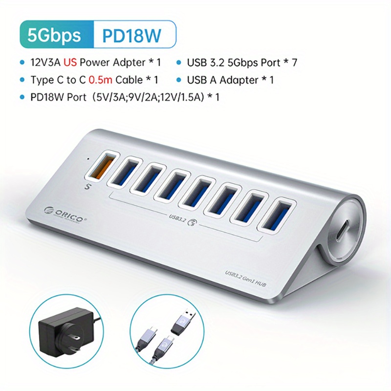 ORICO Compact 7 Ports USB 3.0 HUB with 12V Power Adapter 