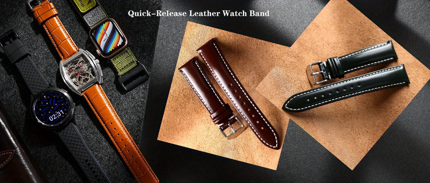 Quick Release Genuine Leather Watch Strap 18 19 20 21 22mm, Hand Stitched, Horsehide Leather, Suitable For Men And Women, Spring Bars, Ideal choice for Gifts details 0