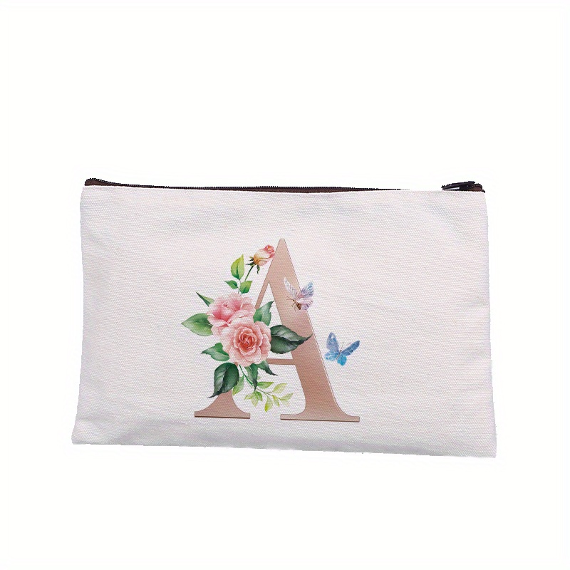Rose Letter Printed Cosmetic Bag Canvas Makeup Pouch Lightweight