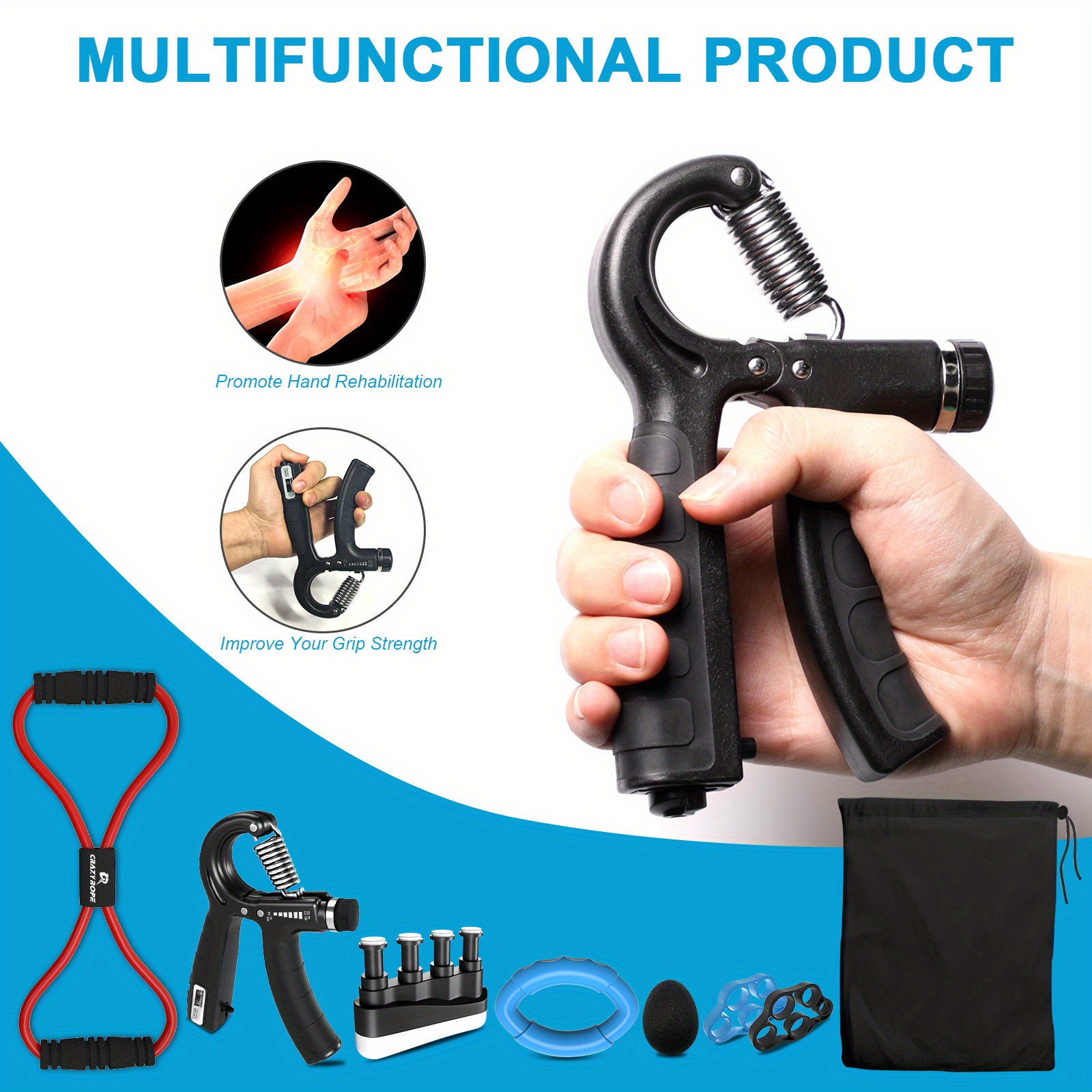 Crazyrope Grip Strength Trainer Kit Adjustable Hand Grip Strengthener With Counter, Finger