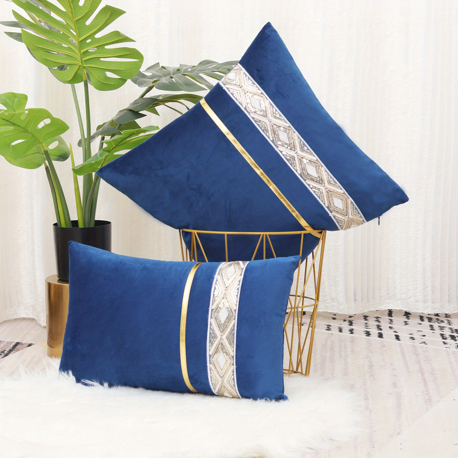 Navy Throw Pillows With Inserts Included Velvet Striped - Temu