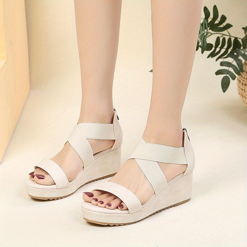 Women's Wedge Sandals Open Toe Cross Strap Back Zipper Shoes - Temu Canada