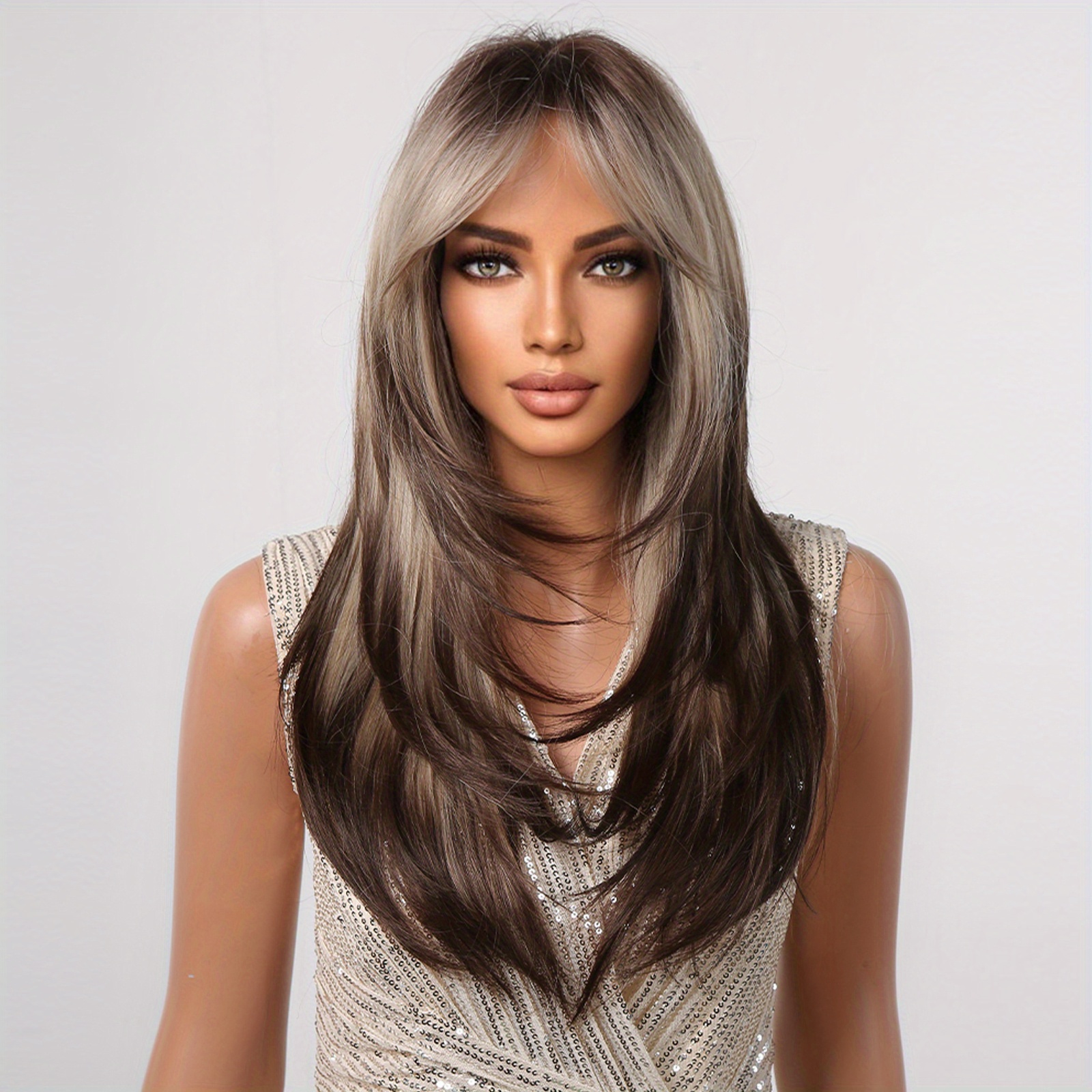 Blonde Ombre Brown 20 Inch Long Straight Layered Hair Wigs With Bangs 