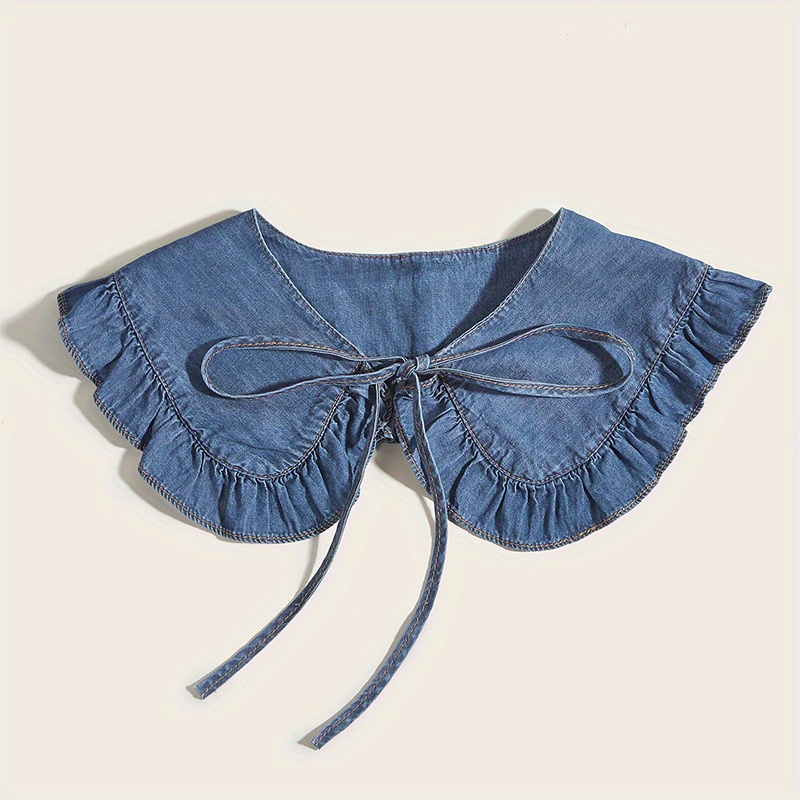 TEMU Denim Washed Ruffle Shawl Lace Up Pleated Fake Collar Women Casual Detachable Half Shirt Blouse