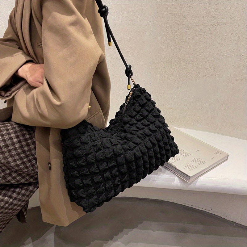 Minimalist Ruched Shoulder Bag, Fashion Solid Color Zipper Handbag, Women's  Underarm Purse